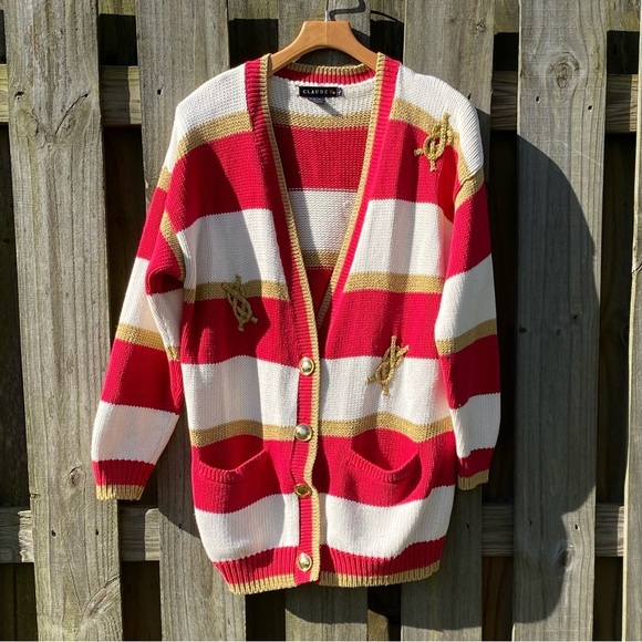ClaudeZ Sweaters - ClaudeZ Vintage Red White Gold Oversized Boyfriend Cardigan⚓️🛥⛵️